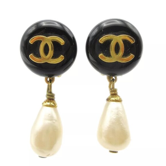 Chanel Artificial Pearl Dangle Earrings Clip-On Black 95P 24750 - Picture 1 of 4